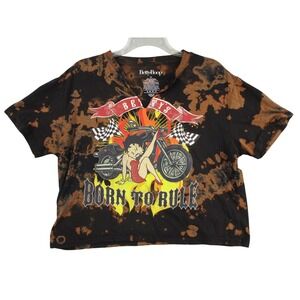 Betty Boop Born‎ To Rule Bleach Tie Dye Crop T-Shirt Black XL Biker Graphic Tee